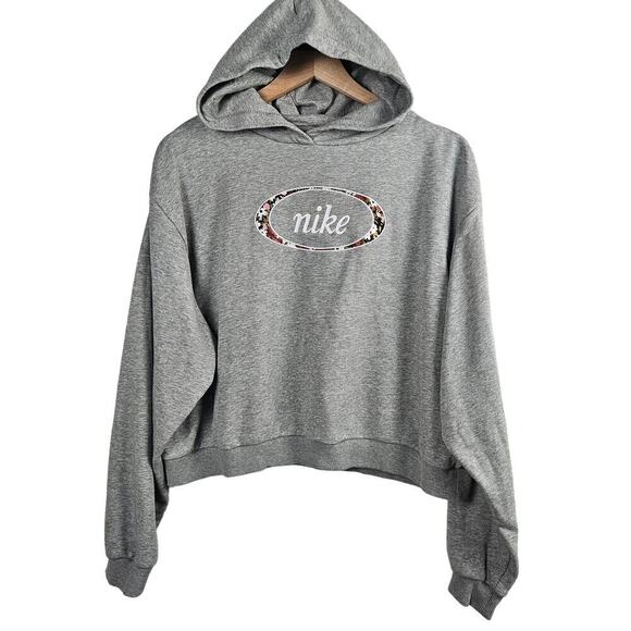 Nike Floral Logo Cropped Hoodie Sweatshirt‎ L Hearther Grey Pullover - Picture 1 of 6